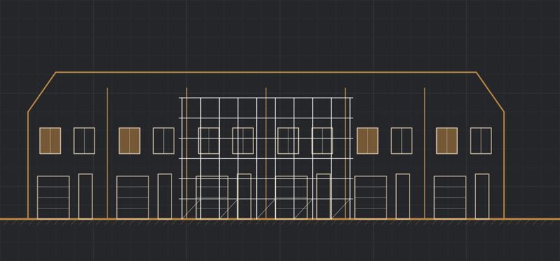 Line drawing of townhomes under renovation with scaffolding